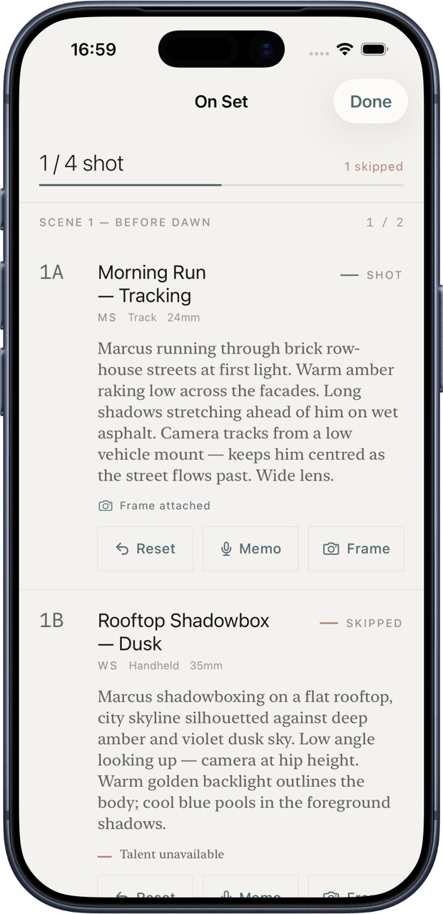 On-set mode with shot status, captured frame indicator, and Reset / Memo / Frame buttons