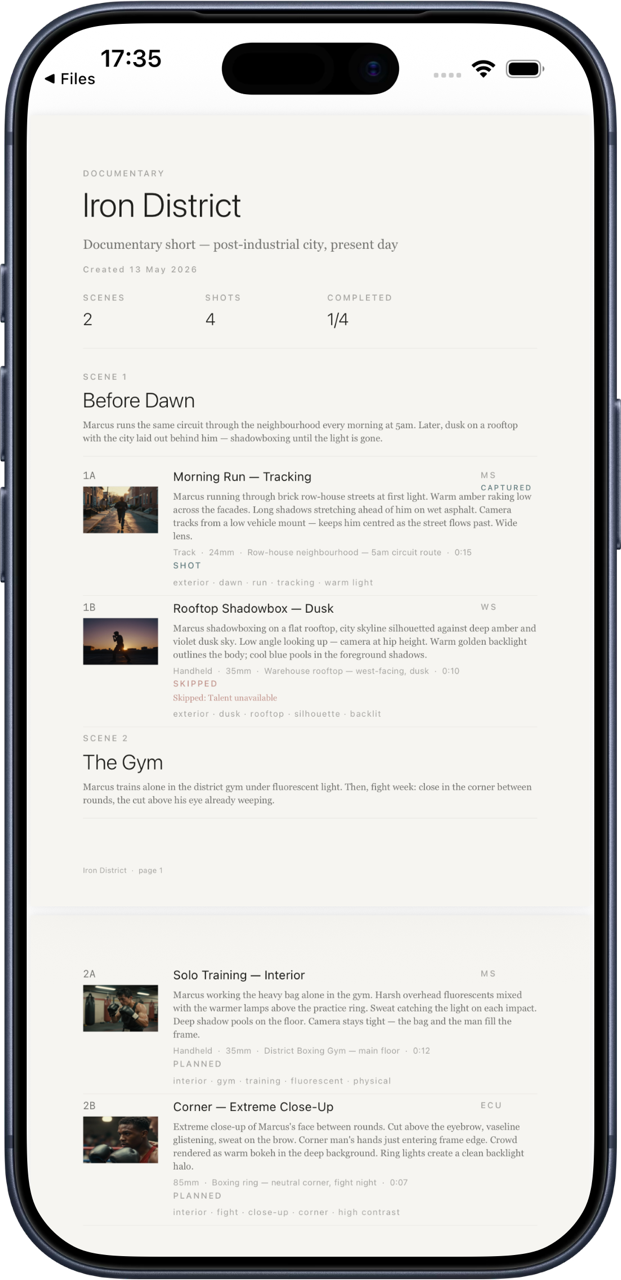 The Generate Project sheet with notes, treatment, and script input options